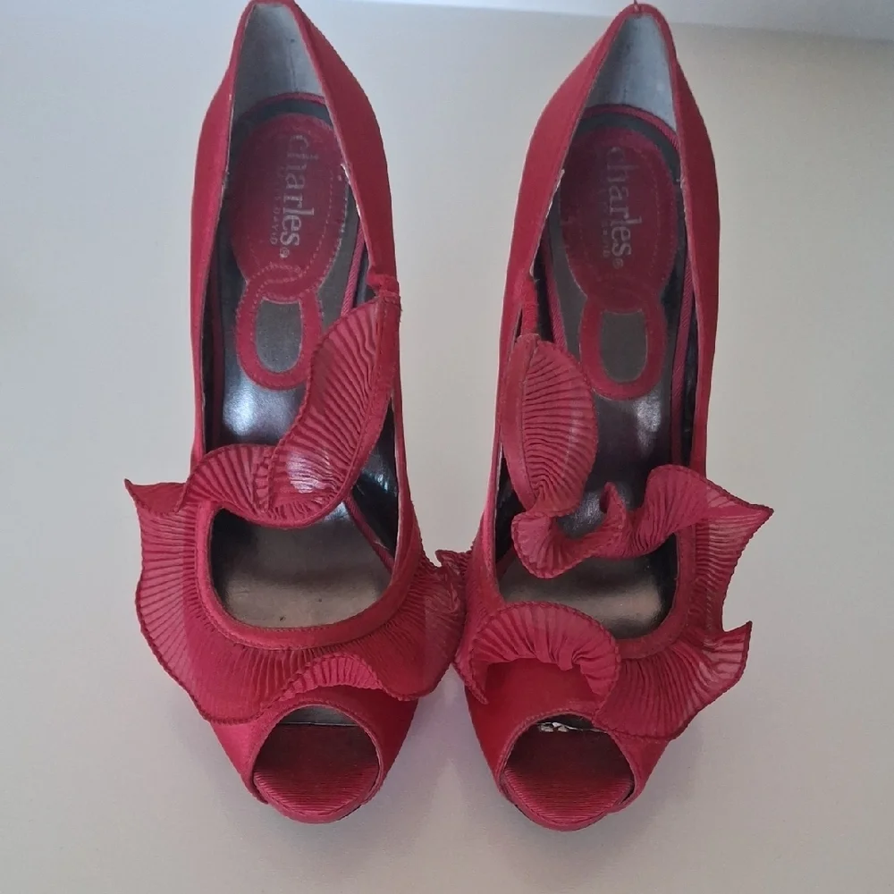 Charles David Red Ruffle Peep-Toe Heels - Picture 2 of 4